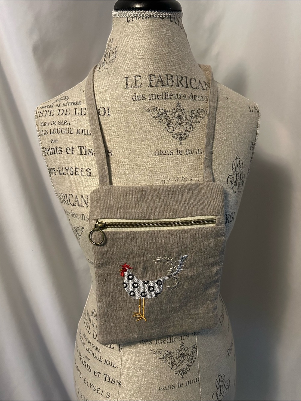 Handmade Linen Crossbody Bag with Embroidered Chicken - Natural